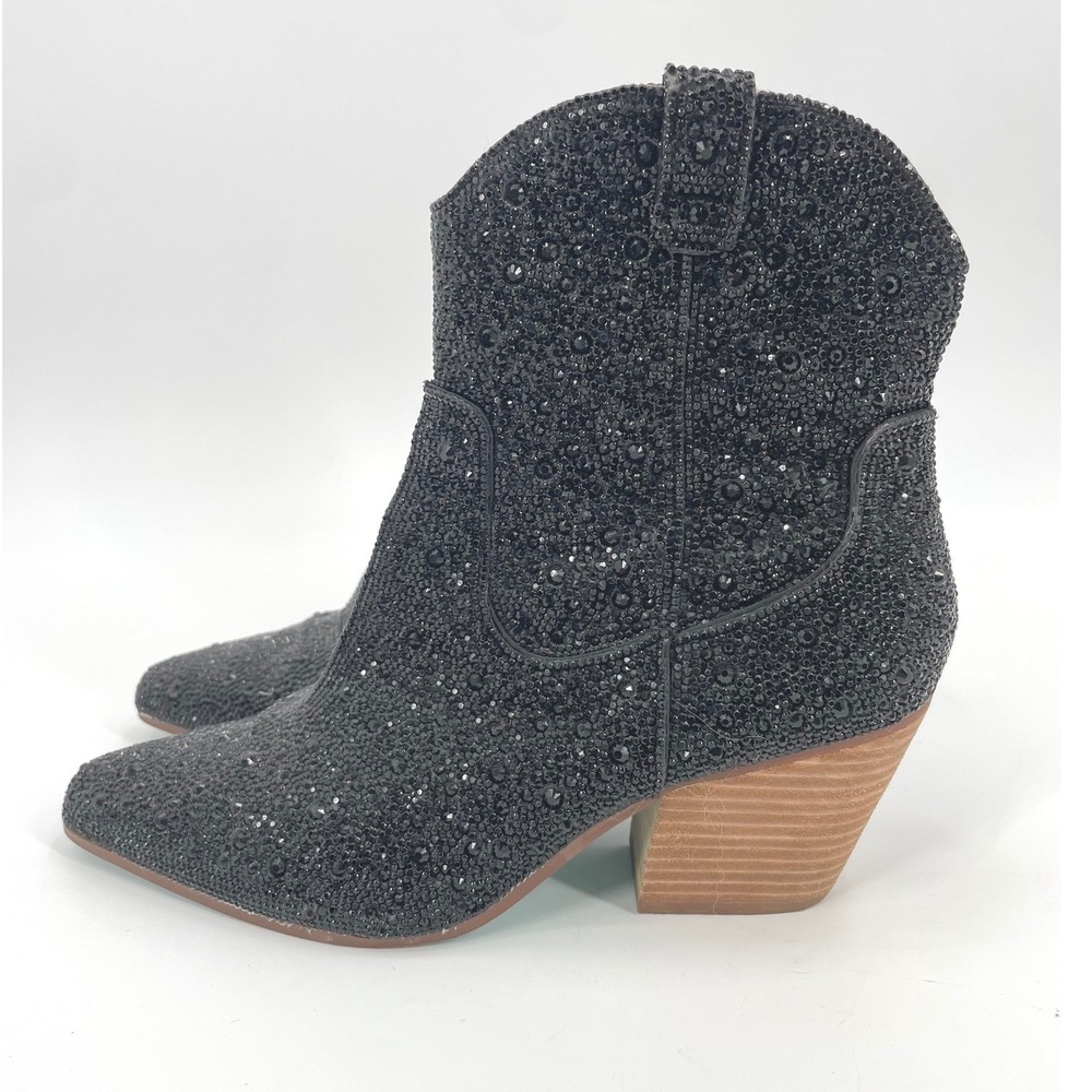 Betsey Johnson SB-DIVA Bootie Womens 9 Black Rhinestone Western Block Heel Glam